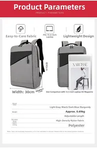 Detailed size specs for 15.6 inch laptop backpack with 40x30x11cm dimensions and 0.49kg weight