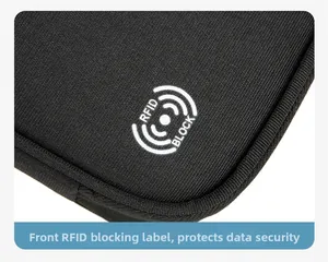 Close-up of RFID blocking fabric and protection label on a waterproof passport holder