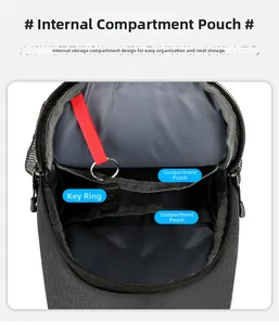 Detail of chest bag interior featuring mesh compartments and red lanyard for key storage