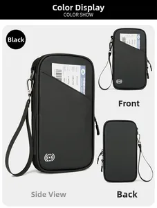 Close-up of black RFID blocking travel passport neck wallet with lanyard and carabiner