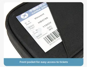 Macro view of water-resistant nylon passport bag featuring a front pocket for boarding passes