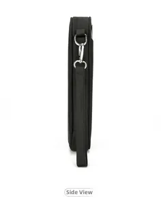Side view of black nylon document bag with metallic D-ring, swivel hook and zipper detail