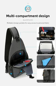 Detailed view of the multi-compartment interior and storage layout of the grey chest bag