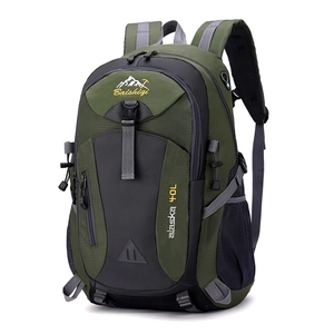 Army green 40L outdoor hiking backpack with waterproof nylon and multi-pocket design