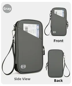 Detailed views of grey RFID blocking travel passport wallet with multi-pocket layout