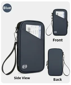 Multiple views of blue RFID blocking passport holder showing front, back and side design