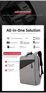 Detail view of large capacity business backpack with 15.6 inch laptop compartment and USB port