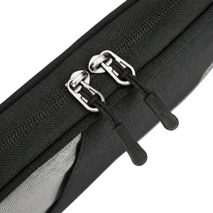 Detail of durable dual-metal zippers and smooth anti-slip sliders on black fabric bag