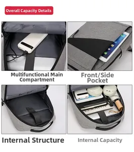 Detail view of the multi-compartment storage system and laptop sleeve in a grey backpack