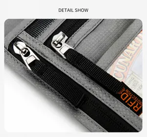 Détail macro du zip de protection RFID et du tissu gris du porte-passeport