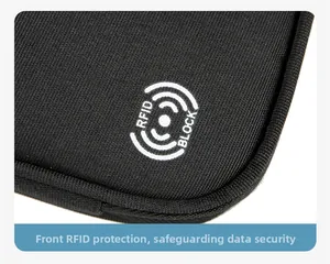Detail showing the RFID BLOCK signal logo on a durable black fabric passport holder