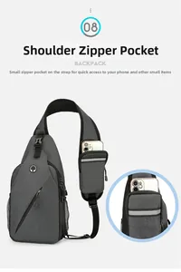 Detail view of the chest bag shoulder strap featuring a secure zipper pocket for phone storage