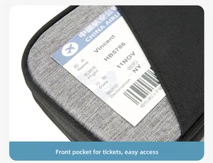 Detail of travel passport holder featuring a convenient front pocket for airline tickets