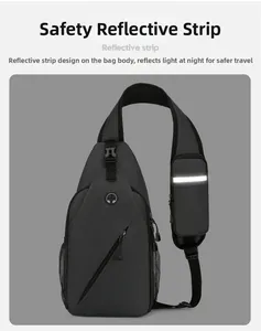 Detail of gray sports sling bag featuring reflective safety strip and mesh water bottle pocket