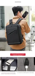 Detail of laptop backpack showing external USB charging port and interior power bank pocket