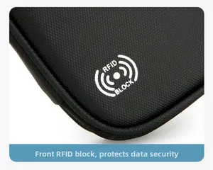 Detail of RFID BLOCK logo on black honeycomb textured passport wallet for data security