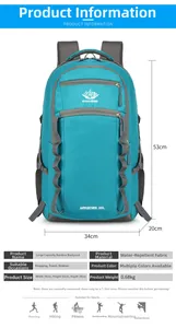 Detailed size specifications of 55L waterproof outdoor backpack 34x53x20cm and 0.68kg