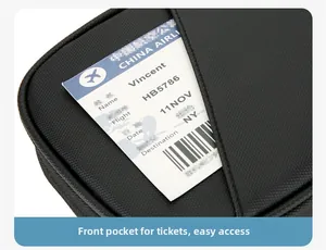 Detailed close-up of the front pocket for quick access to boarding passes and passports