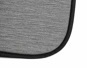 Macro shot showing high-quality gray woven fabric texture and black nylon edge piping