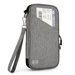 Grey waterproof RFID blocking family passport holder with wrist strap and front pocket