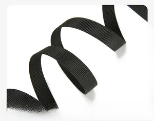Detail of durable black woven shoulder strap with flexible spiral coil and fine texture