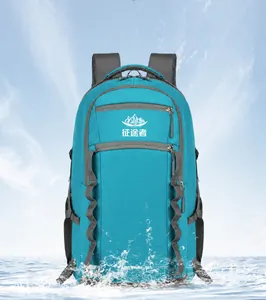 Close-up of 56L waterproof high-density nylon hiking backpack with blue water splash effect