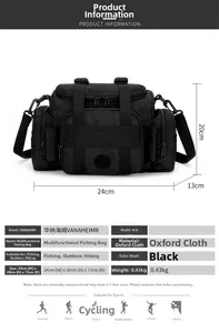 Vue détaillée du sac de pêche noir en tissu Oxford avec plusieurs compartiments et dimensions