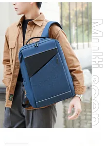 Detail of blue and black business backpack featuring water-resistant fabric and thick straps