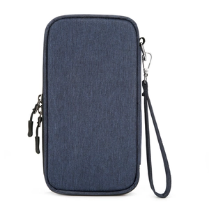 Portafoglio da viaggio verticale RFID blu navy con cerniera e pratico cinturino da polso