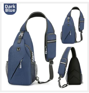Detail of dark blue tactical chest bag featuring headphone port and breathable mesh back