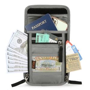 Pochette de voyage grise avec blocage RFID pour passeport, cartes et téléphone à multiples poches