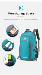 Detail view of 55L adventure backpack with multiple storage compartments and mesh side pockets