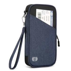 Portafoglio da viaggio RFID blu scuro con cerniera e cinturino da polso rimovibile