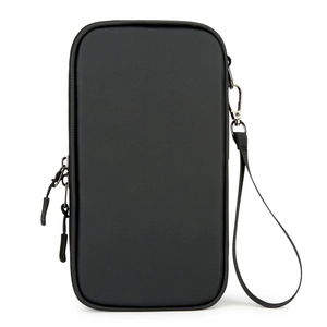 Waterproof travel passport wallet in black oxford fabric with a wrist strap and double zippers