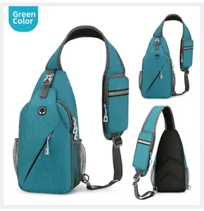 Three views of a green outdoor sling bag with breathable mesh back and a side bottle pocket