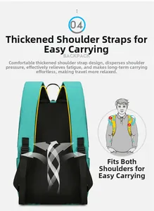 Detail of ergonomic padded S-shaped shoulder straps on breathable teal backpack