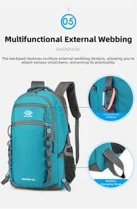 Detail of 55L blue hiking backpack featuring multi-functional external attachment systems