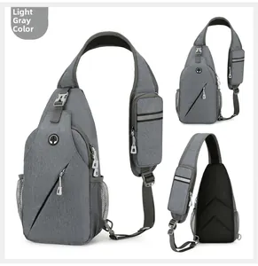 Light gray sling bag detail showing side mesh pocket and breathable mesh back padding