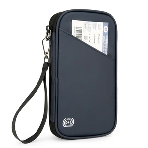 Waterproof navy blue travel passport wallet with RFID blocking and detachable strap