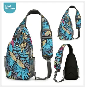 Detail view of the breathable mesh back and side pocket on the leaf pattern chest bag