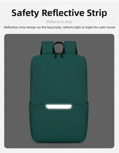 Close-up of safety reflective strip on a dark green minimalist commuter backpack