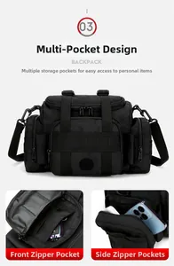 Détails du sac extérieur imperméable montrant les multiples poches et le zip frontal