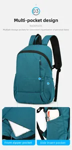 Détail du sac à dos bleu paon montrant la poche zippée avant et le rangement latéral