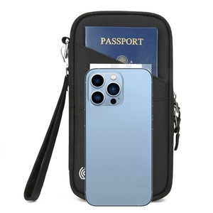 Porta passaporto nero con protezione RFID e cinturino da polso per viaggi e tessere