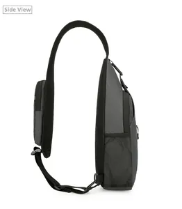 Side view of gray minimalist sling bag with breathable mesh strap and durable fabric