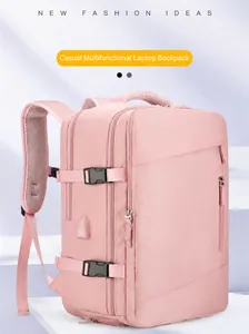 Pink waterproof backpack with USB port, side buckles and breathable mesh straps