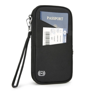 Porta passaporto nero con protezione RFID, fessure multiple e cinturino da polso
