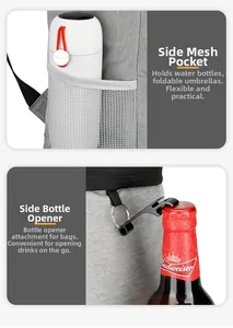 Détail de la poche latérale en filet et du décapsuleur intégré sur le sac isotherme