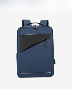 Front view of navy blue business laptop backpack with USB charging port and reflective strip