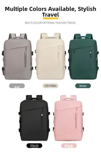Collection of large travel backpacks in gray, off-white, green, black, and pink colors